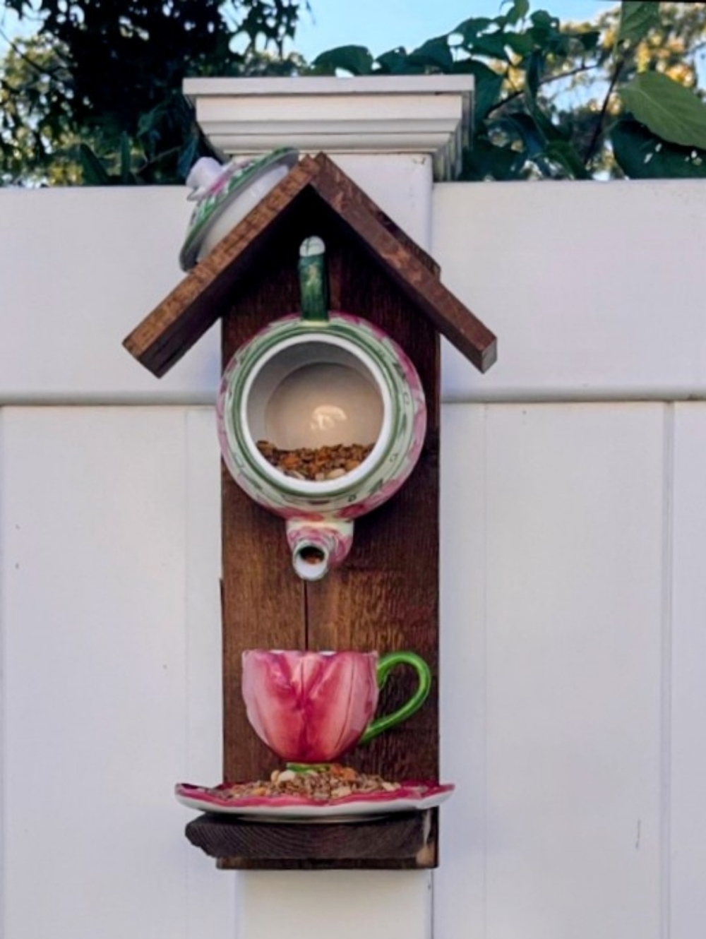 Rustic Wooden Handmade Bird Feeder Teapot Sunshine Yellow - Picture 14 of 16